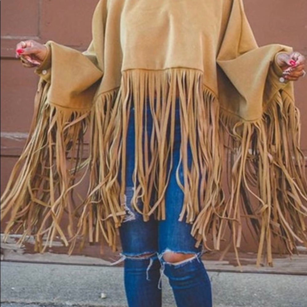 Faux suede fringe poncho